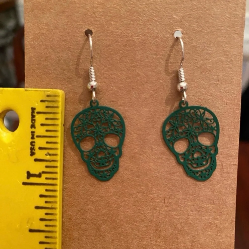 Green Sugar Skull Dangle Earrings